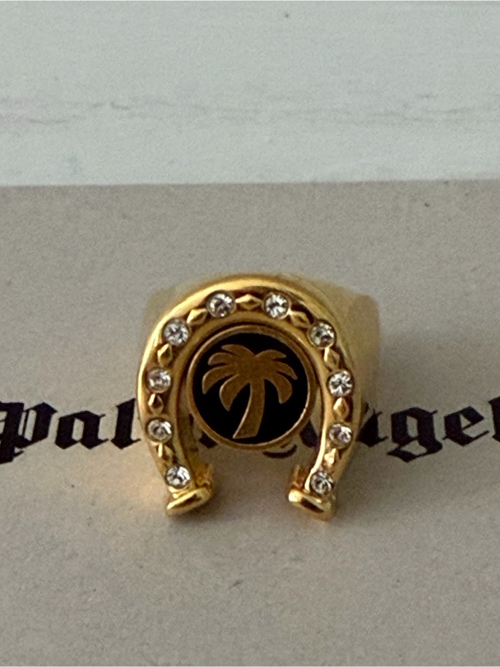 Palm Angels Gold Tone Horseshoe Ring with Black Palm Motif size 7 adult